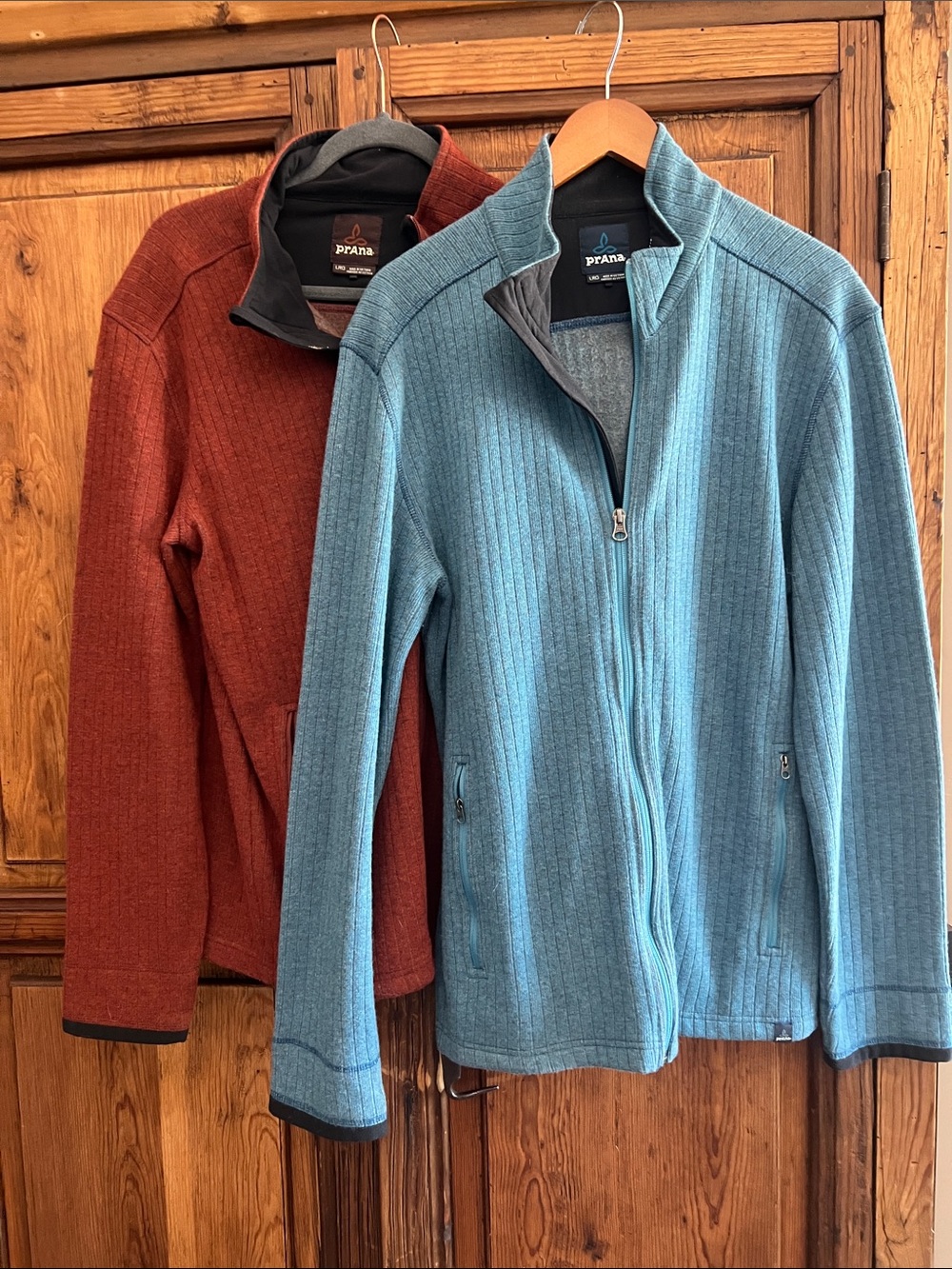 Two Prana Men’s Zip-Up Sweater Jacket in Blue and Rust